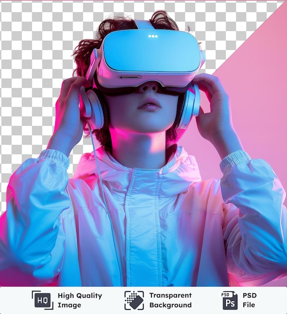 PSD Мальчик в vr-очках с наушниками средний кадр мальчика-подростка, носящего и касающегося гарнитуры виртуальной реальности с розовой стеной на заднем плане и рукой, видимой на переднем плане