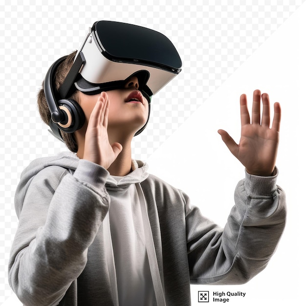 Boy wearing vr glasses with headphones medium shot of teenage boy wearing and touching virtual reality headset