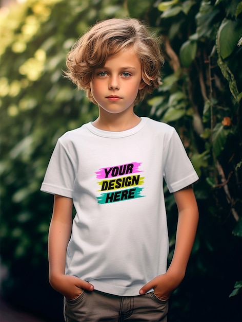 Boy wearing white tshirt mockup design psd