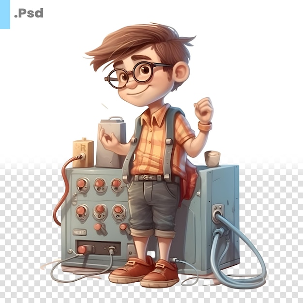 PSD boy with a backpack and a power supply on a white background psd template