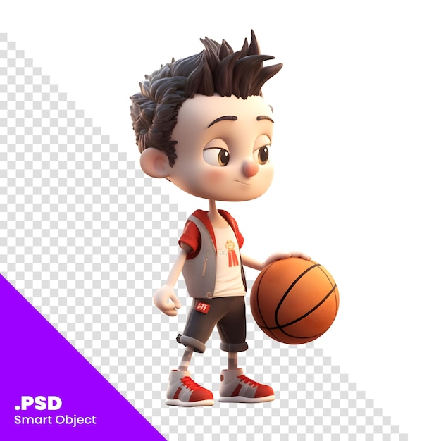 Boy with basketball. 3d illustration. isolated white background. psd template