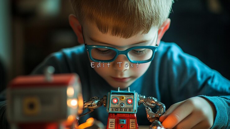 PSD boy with glasses intently playing with a vintage robot toy