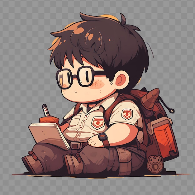 PSD a boy with glasses reading a book and a backpack