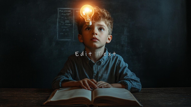 PSD boy with glowing lightbulb above head studying