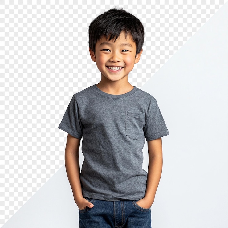 PSD 灰色のシャツを着た男の子が笑顔だと言っている