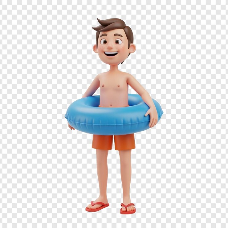 PSD boy with pool float at the beach on transparent background
