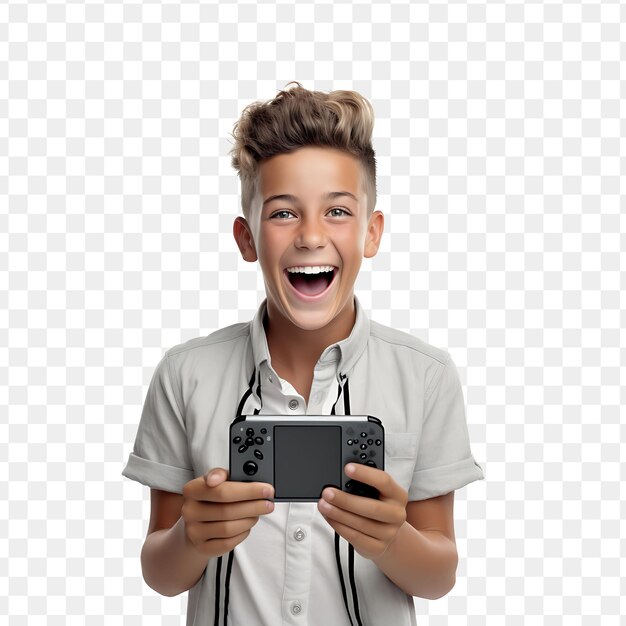 A boy with a remote that says  happy  on the screen