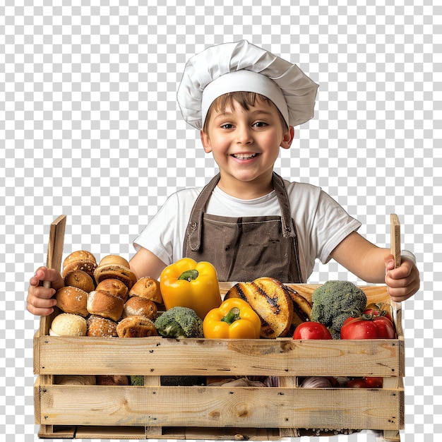 PSD un ragazzo con un cappello da chef bianco e una scatola di legno di cibo