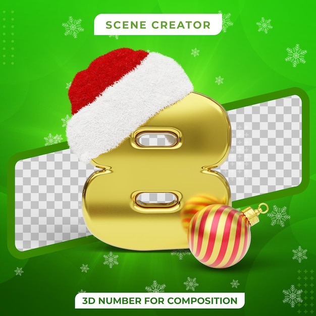 PSD boże narodzenie concept 8 numer 3d złoty tekst z santa hat 3d render