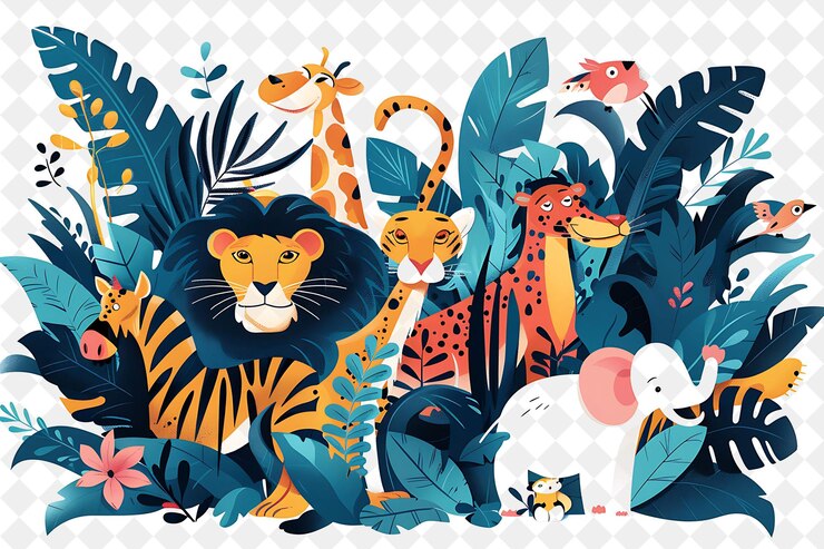 PSD boże narodzenie w dżungli z mowgliem i jego zwierzęcymi przyjaciółmi d ilustracja boże narodzenie art design