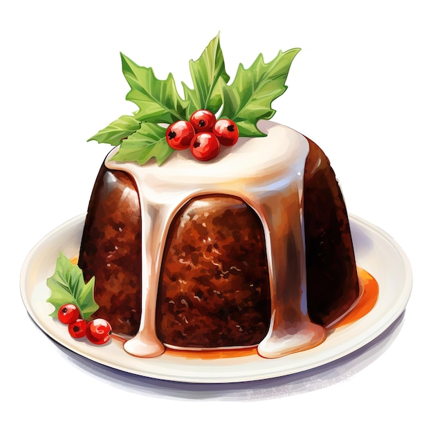 PSD bożonarodzeniowy budyń ilustracja żywności w stylu przypominającym akwarele wygenerowano sztuczną inteligencję