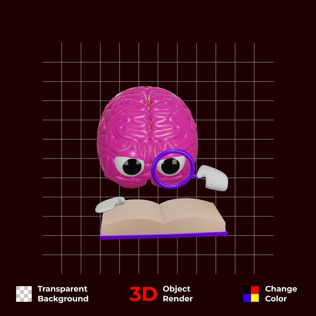 PSD brain cartoon mascot in a pose mind and reading pattern genius human head 3d illustration