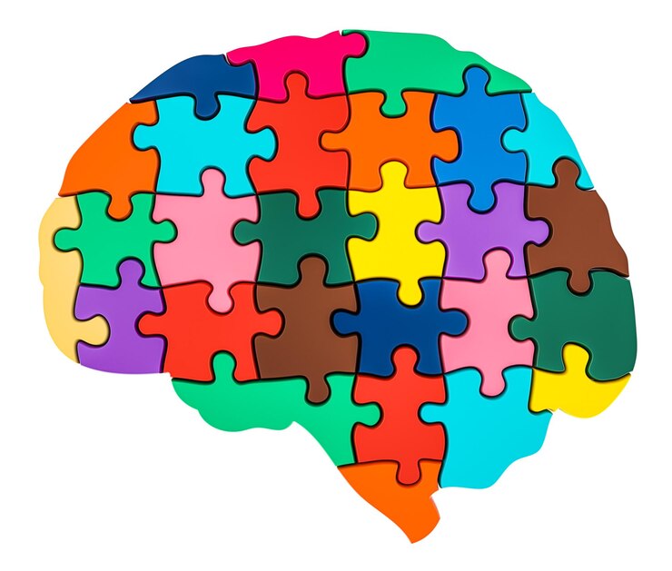 PSD brain from colored puzzles 3d rendering isolated on transparent background