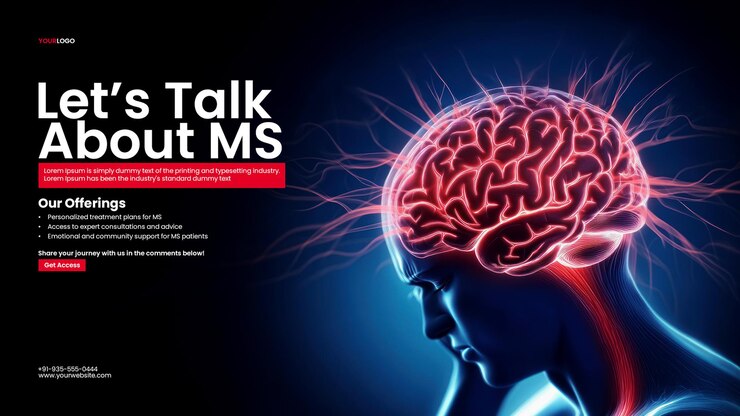 PSD brain lesions ms prognosis banner template with a person holding their glowing red brain in pain with a blue background
