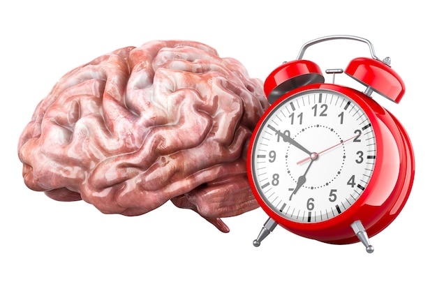 Premium PSD | Brain with alarm clock 3D rendering isolated Premium PSD | Brain with alarm clock 3D rendering isolated