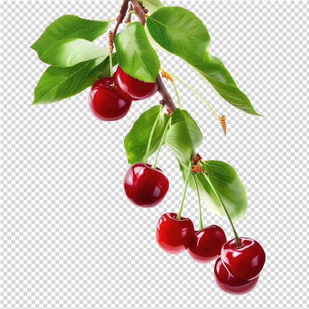 PSD a branch of cherries with green leaves on it