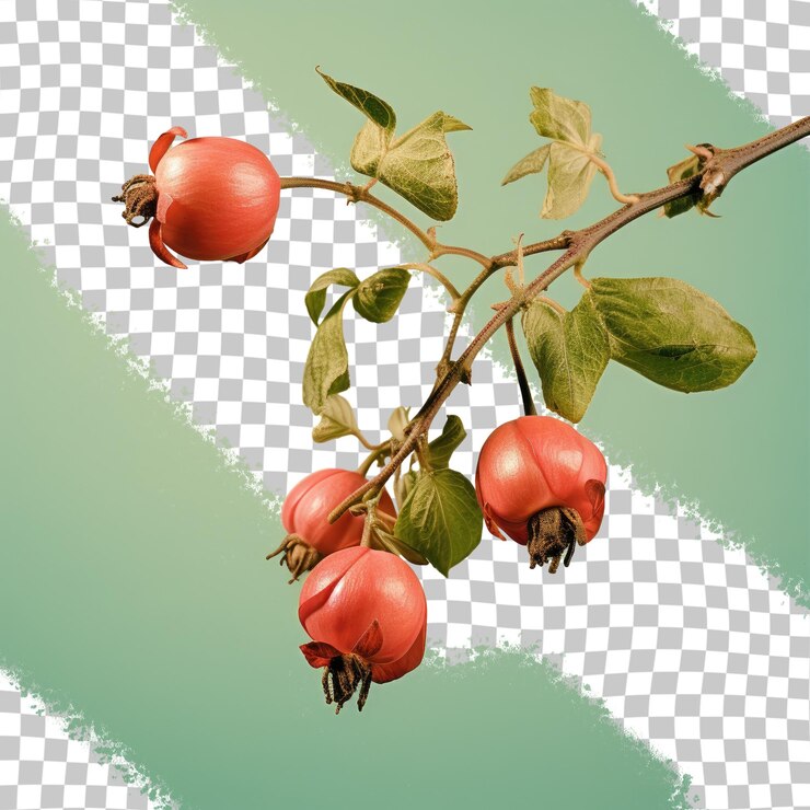 PSD a branch with berries on it and a green background with a white x.