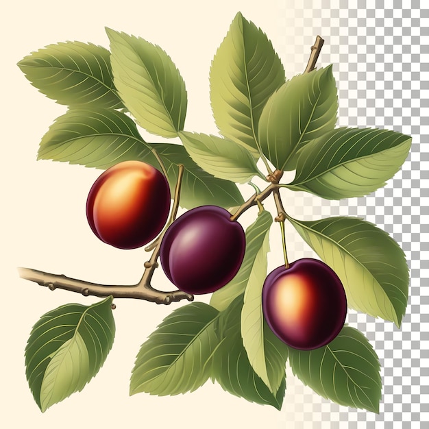 PSD branch with plum vintage illustration drawing isolated on transparent background