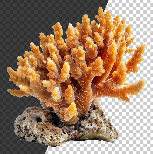 PSD branching orange coral with detailed polyps on rock on transparent background stock png