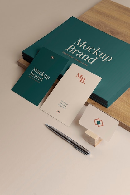 PSD branding elements mockup on wooden shapes