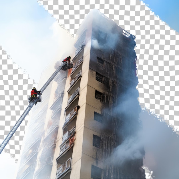 Brandweerlieden blussen een brand in een hooggebouw geïsoleerd op een transparante achtergrond