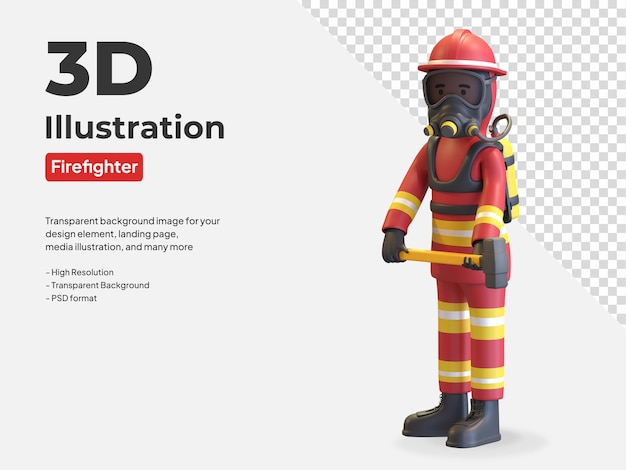 Brandweerman met gasmasker in rood uniform en gele helm met voorhamer 3D illustratie