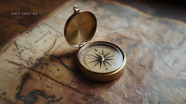 PSD brass compass on antique map
