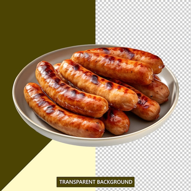 Bratwurst or sausage served on a plate with a transparent background
