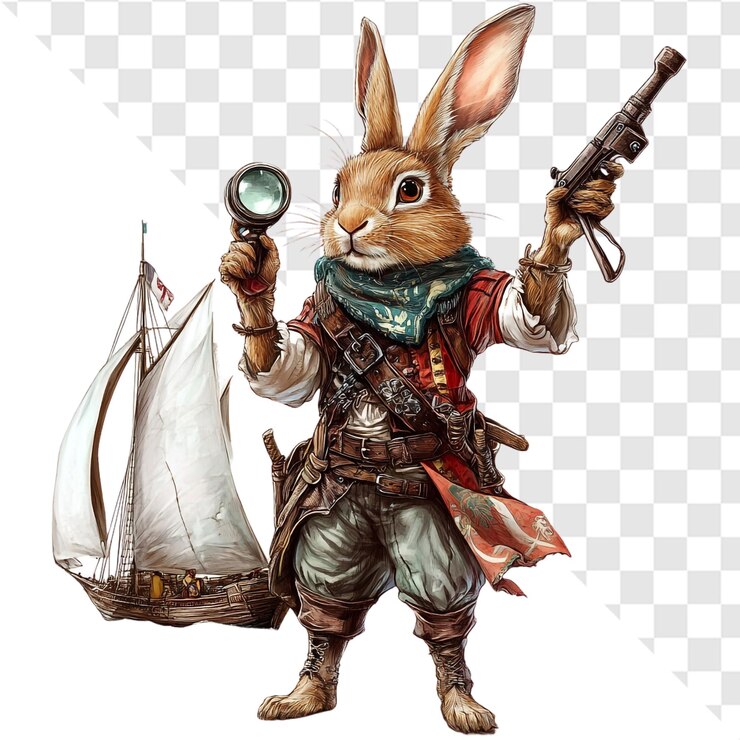 PSD brave rabbit pirate adventurer explores with magnifying glass and gun