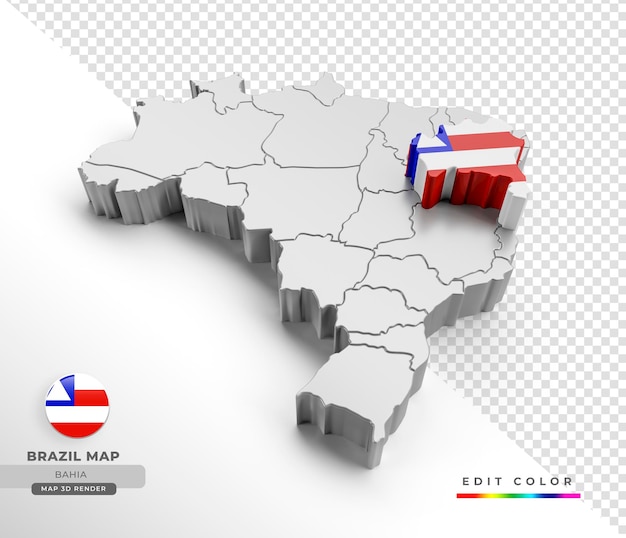 3dアイソメレンダリングでバイーア州の旗とブラジルの地図