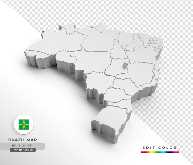 Brazil map with brasilia state flag in 3d render with transparent background