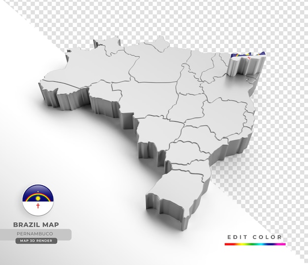 Brazil map with pernambuco state flag in 3d isometric render