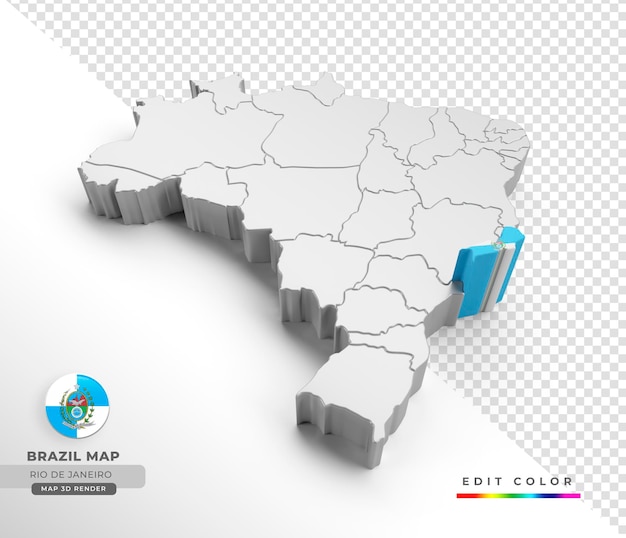 Brazil map with rio de janeiro state flag in 3d render with transparent background