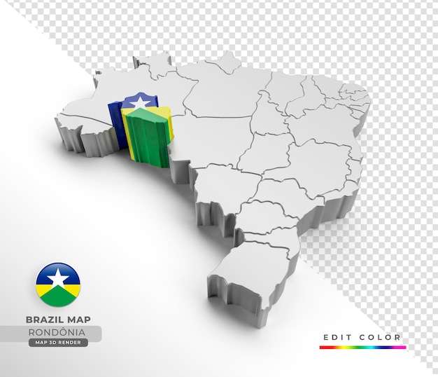 3d 아이소메트릭 렌더링에서 Rondonia 상태 플래그가 있는 브라질 지도