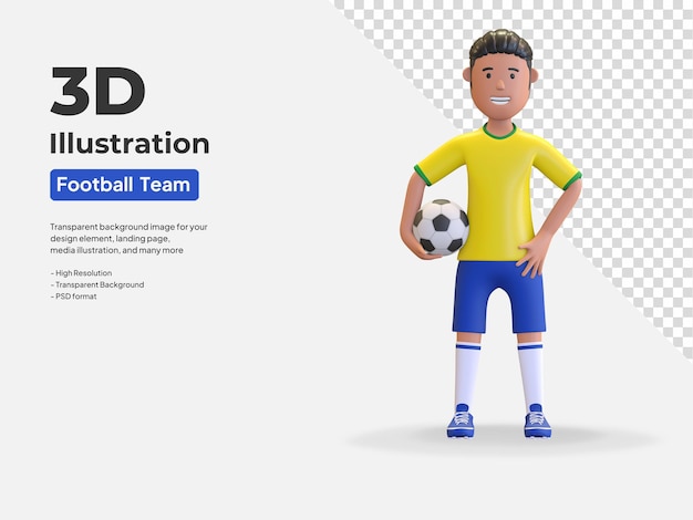 腕の3dレンダリングイラストでボールを保持しているブラジルの国民のサッカー選手の男