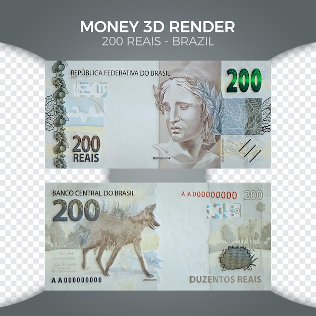 Braziliaans geld 200 reais 3d-rendering voor- en achterkant