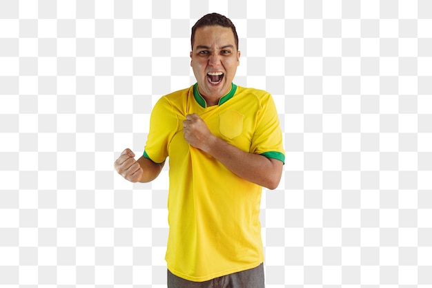 PSD brazilian black man fan with soccer team yellow shirt isolated