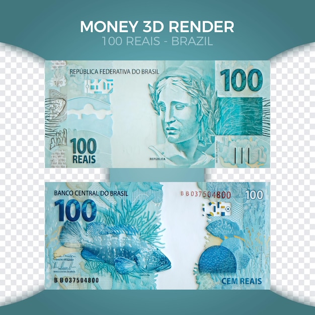 PSD denaro brasiliano 100 reais 3d render front and verse