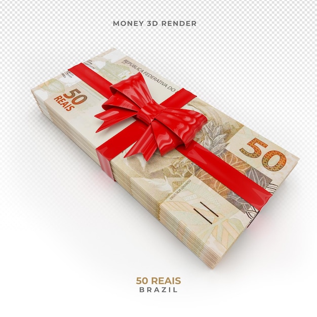 PSD denaro brasiliano 50 nota di reais con nastro regalo 3d rendering