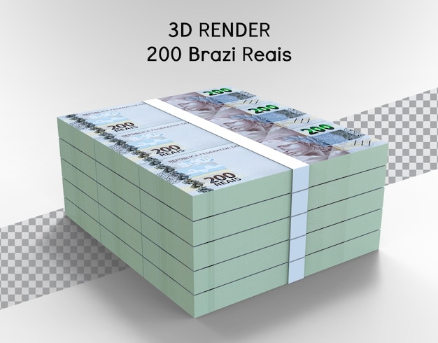 200レアル紙幣の3dレンダリングによるブラジルのお金