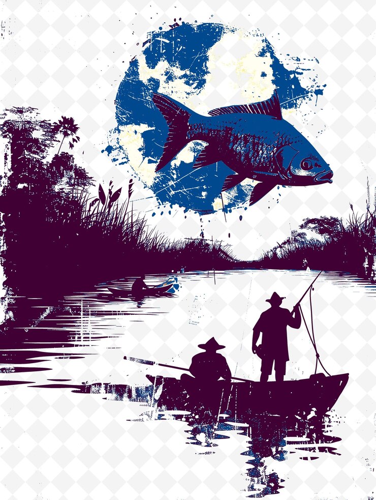 PSD brazilian river scene with boats and people fishing and hold illustration brazilian life and culture