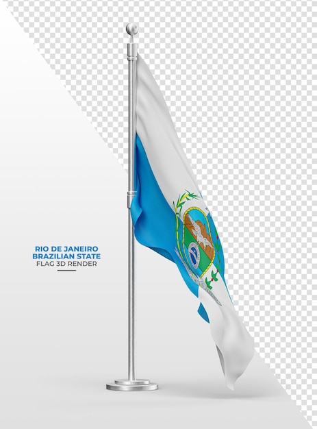 Brazilian state Rio de Janeiro flag with rod and realistic fabric in 3d render