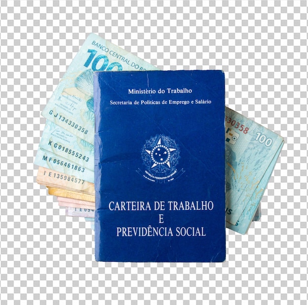 PSD brazilian work card on top of brazil money banknotes png transparent background