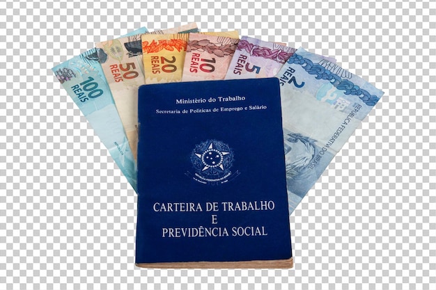 Brazilian work card with real banknotes representing salary and labor rights