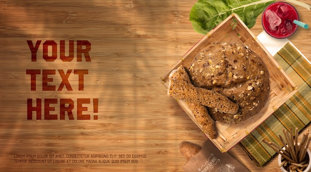 Bread and Baguette in Wicker Basket Mockup, top view