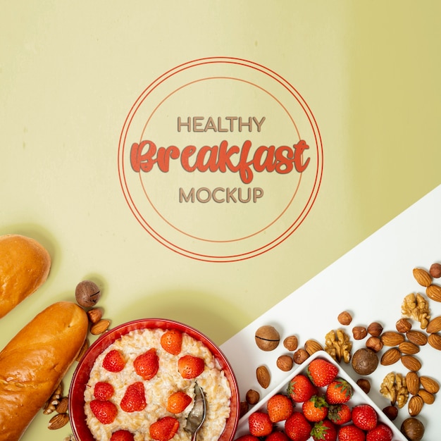 Bread fruit and nuts for breakfast mock-up