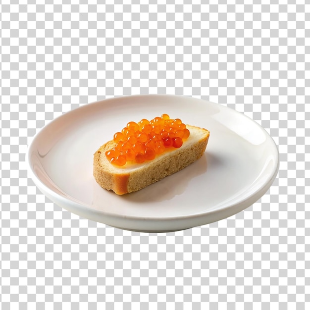 PSD bread on orange caviar on white plate isolated on transparent background