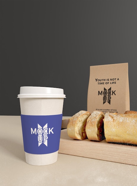 bread packaging mockup with coffee cup