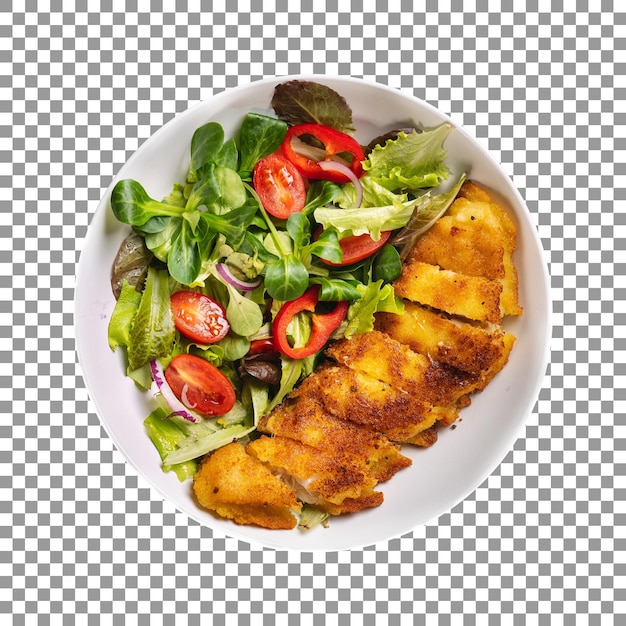 PSD breaded codfish with vegetables on transparent background