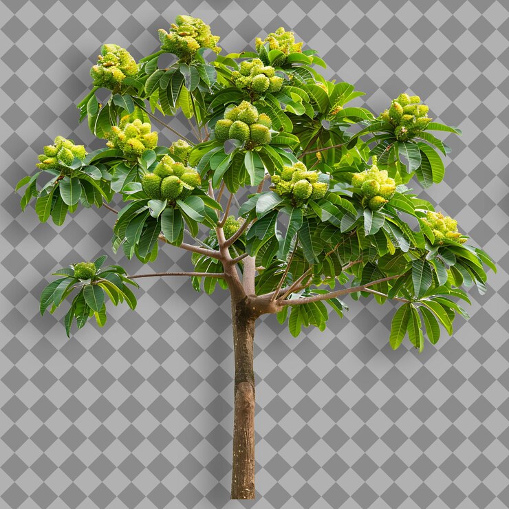 PSD breadfruit tree with tall straight branch covered in small isolated tree branch on clean bg